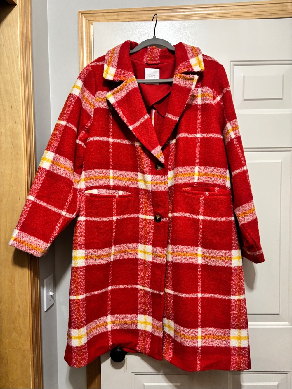 LC Lauren Conrad Red Plaid Single-Breasted Pea Coat